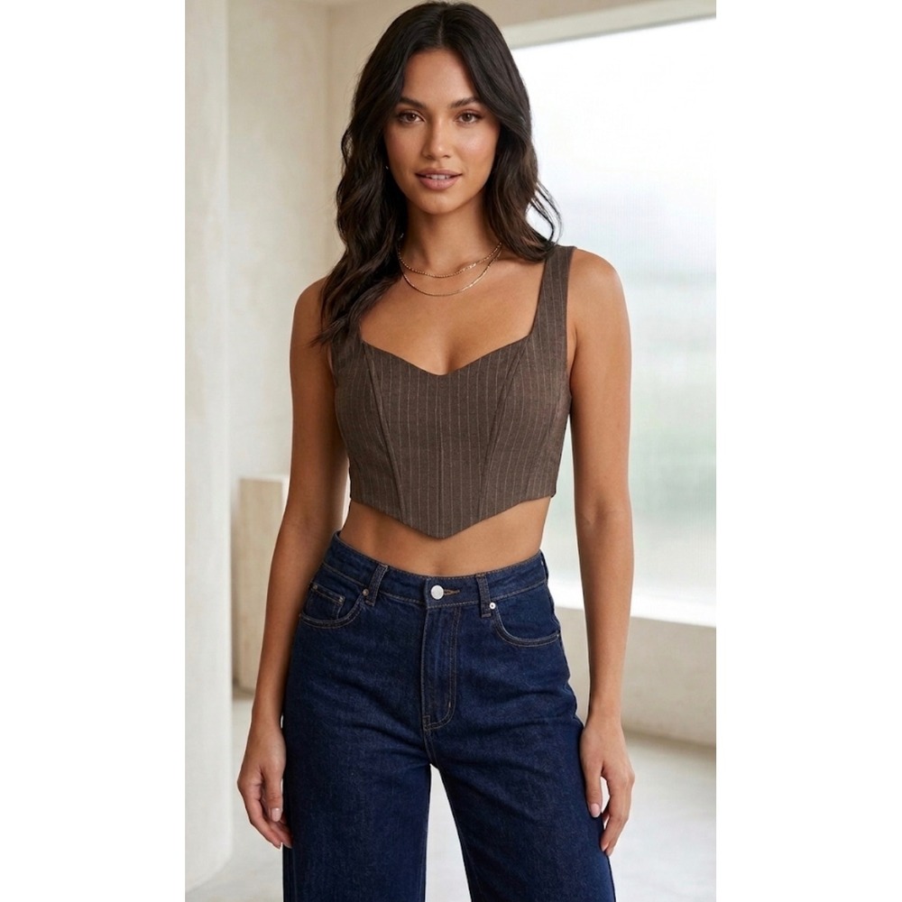 Sage The Label Brown Pinstripe Corset Crop Top Sweetheart‎ Neckline Size M NEW